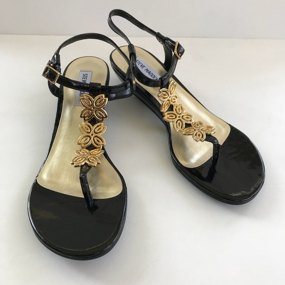 Steve Madden Shoes - NEW Steve Madden Black Patent Wedges w/ Gold 8.5
